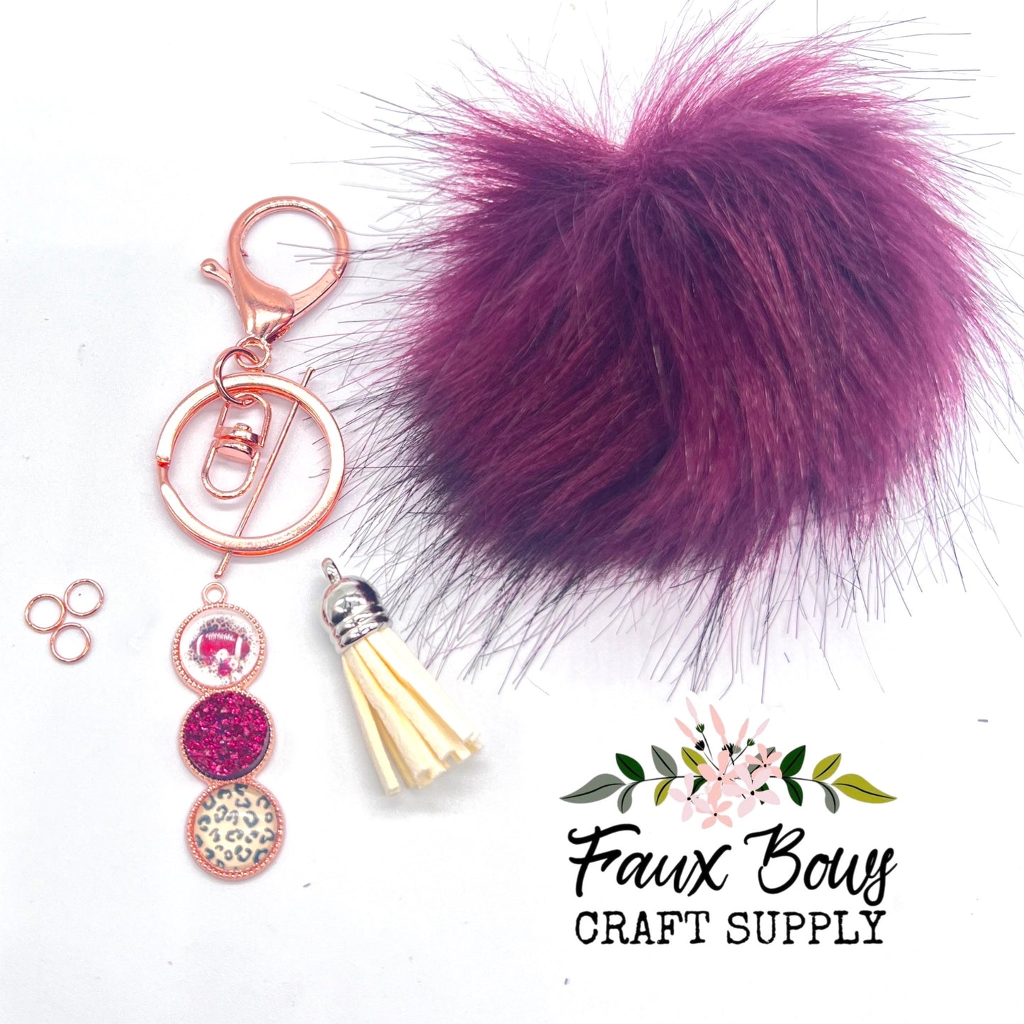 Rose Gold,  Cheetah Wine Football Puff Keychain DIY KIT