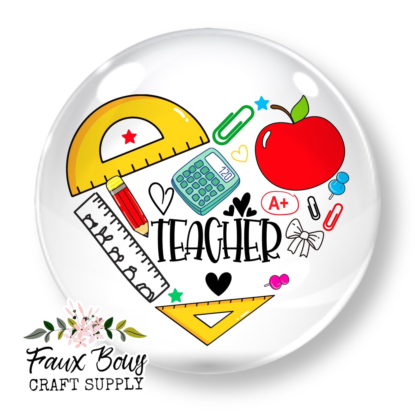 Teacher Supplies Heart (Custom)- 12mm Glass Cabochon