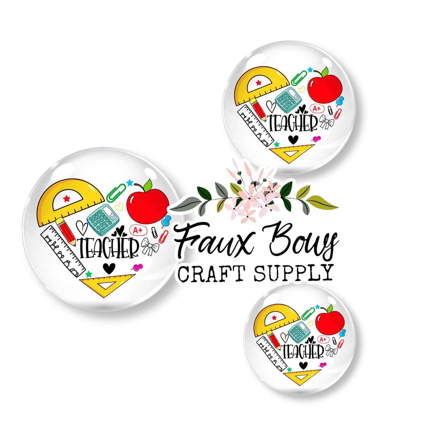 Teacher Supplies Heart (Custom)- 12mm Glass Cabochon