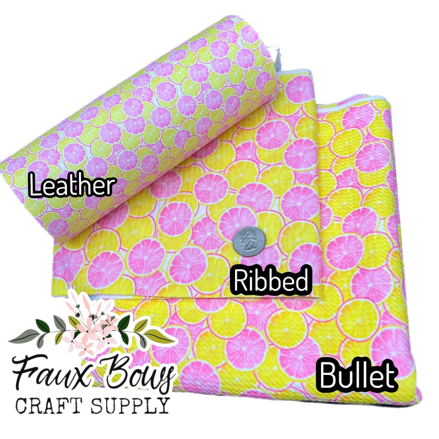 đź’›Pink and Yellow Lemons Printed Fabric- Ribbed Knit/Bullet/Leather