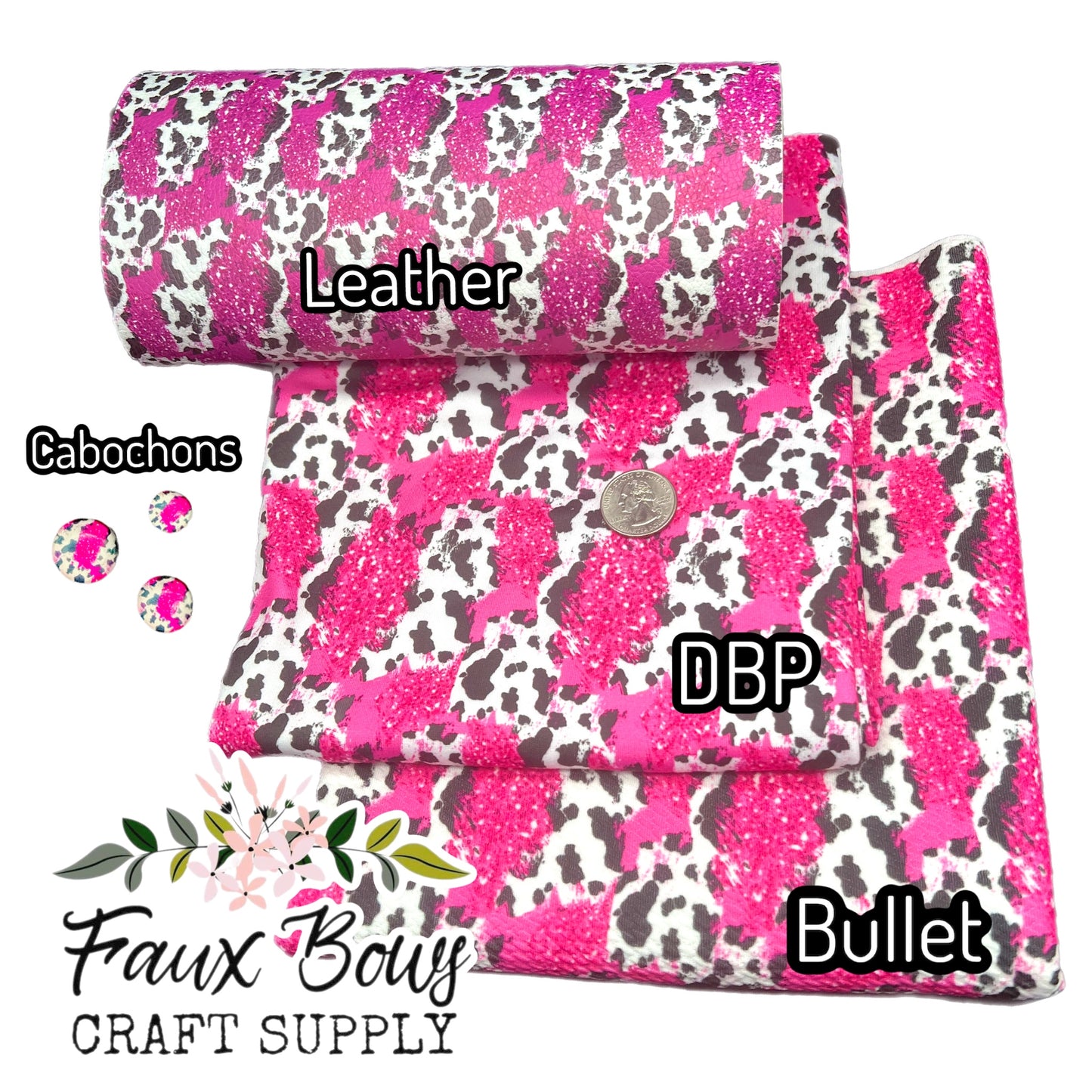 Cow Pink Glitter Printed Fabric- Bullet/DBP/Leather