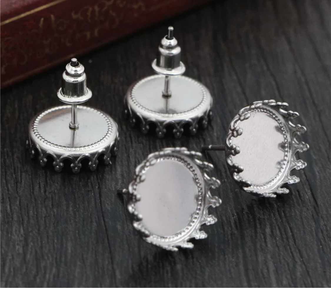 King Crown-12mm Stainless Steel Earring Base (Pair)