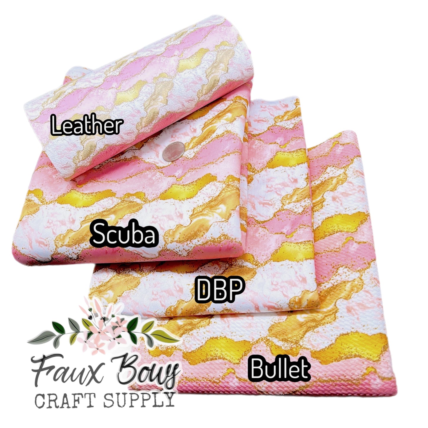 Pink/Gold Geode Agate PRINTED Fabric Bullet/DBP/Scuba/Leather