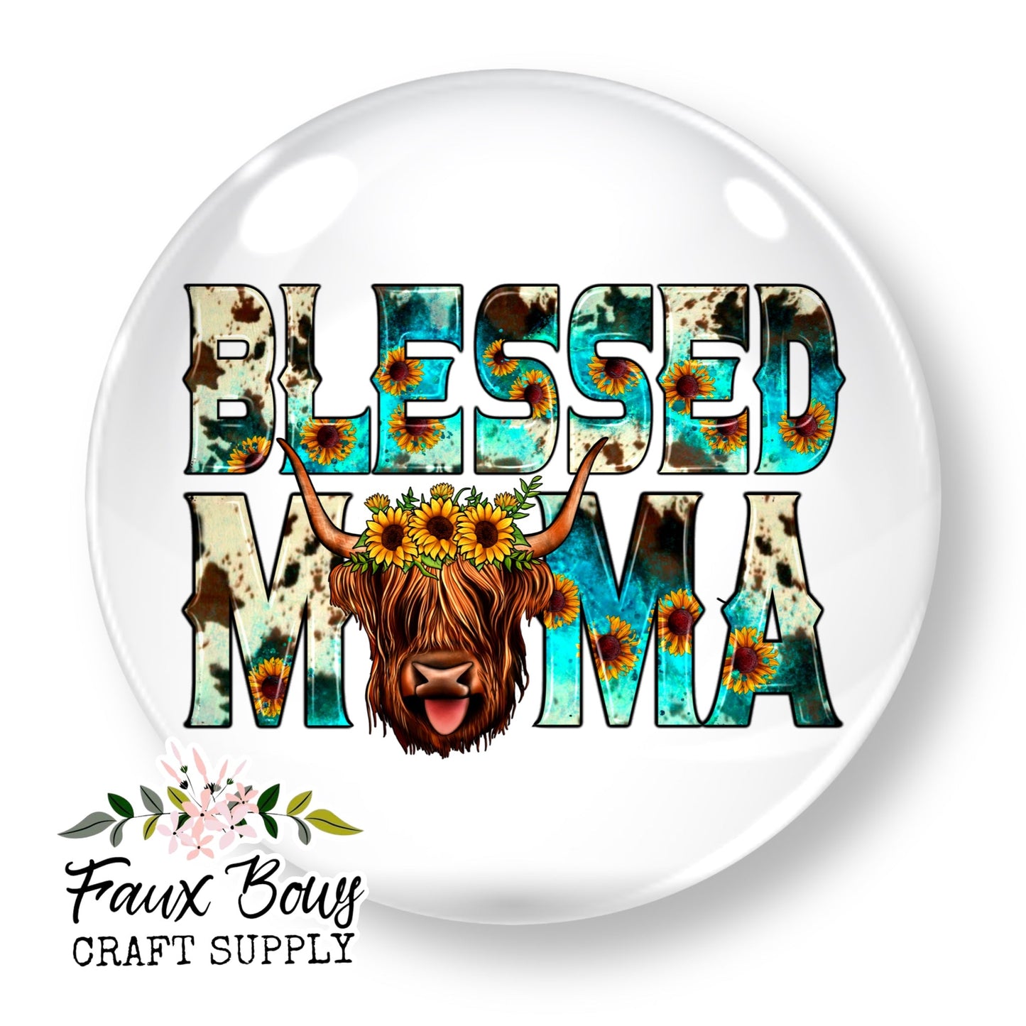 Blessed MAMA Western Highland Cow  (Custom)- 12mm Glass Cabochon