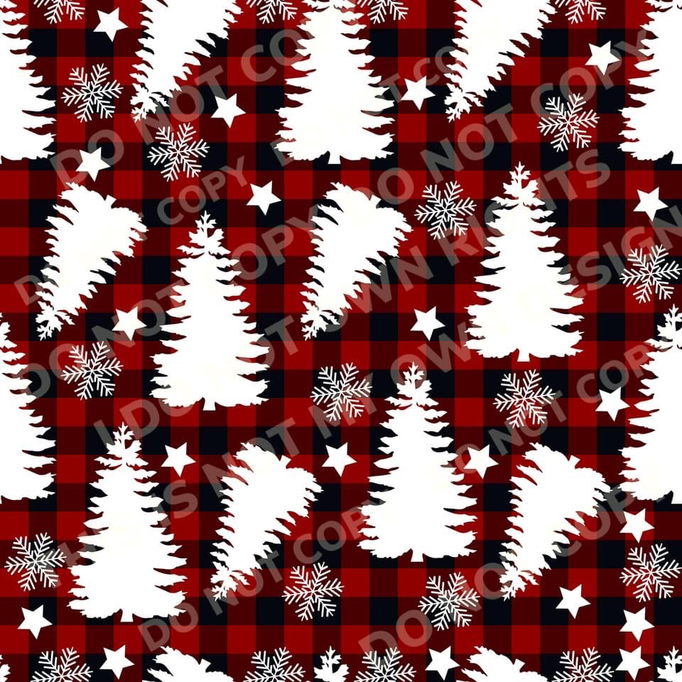 Buffalo Plaid White Christmas Trees Fabric Bullet/Leather