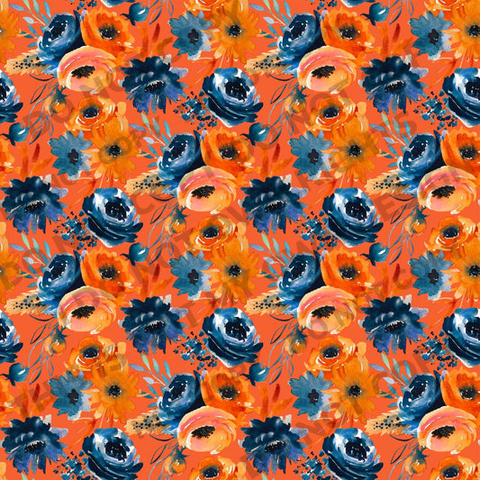 Orange and Blue Floral Printed Fabric Ribbed Knit/Bullet/DBP/Scuba/Leather